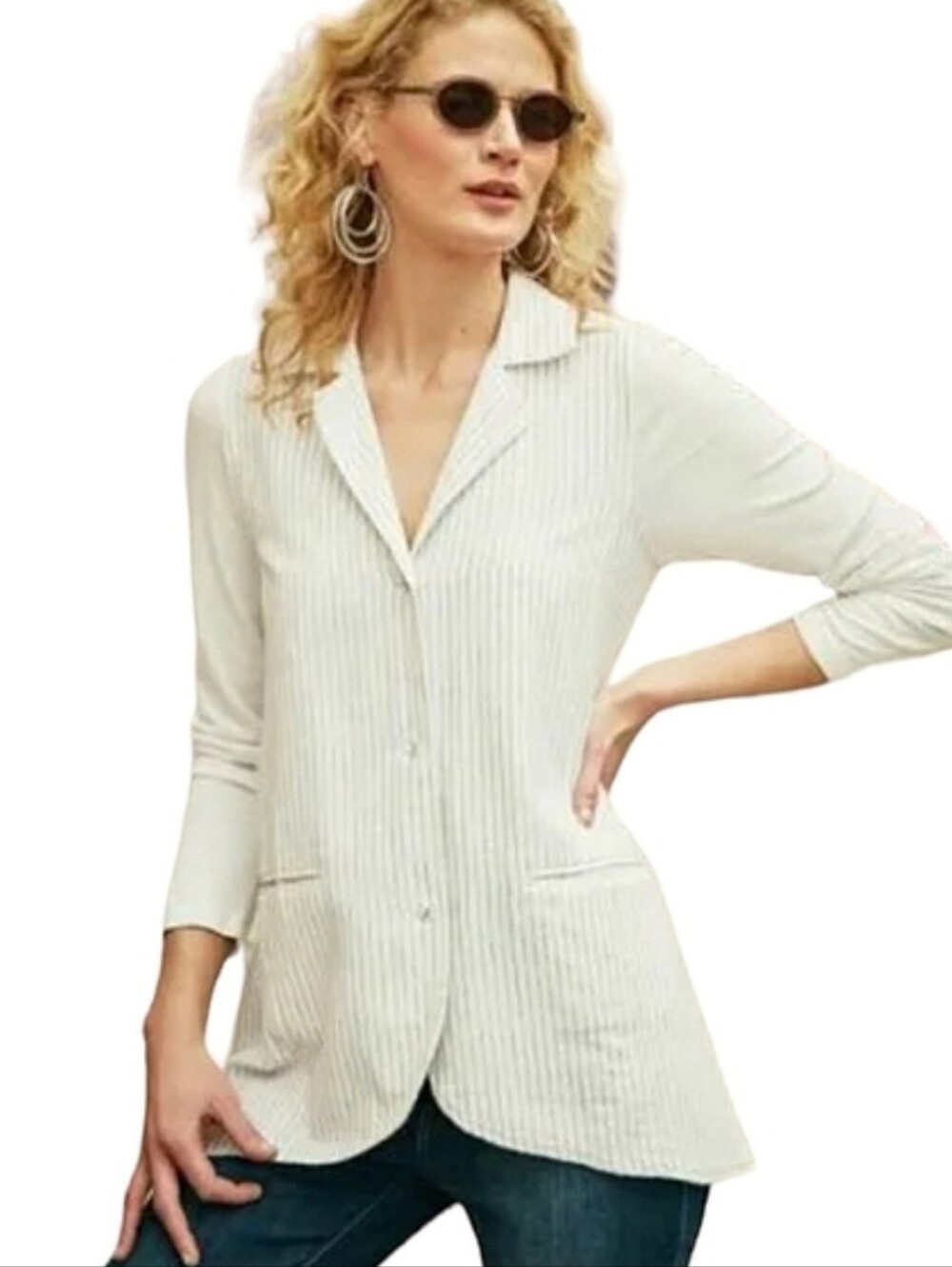NWOT Soft Surroundings Cream Black Pinstripe Longline Shirt Cotton Flax L